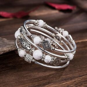 Silver and White Beaded Wrap Bracelet